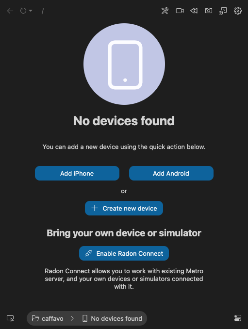 Radon IDE initial screen showing options to create Android emulator or iOS simulator